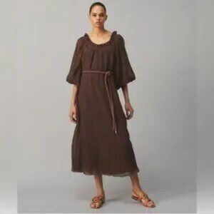 BNWT TORY BURCH Deep Chocolate Belted Ruffle Neck Midi Dress S